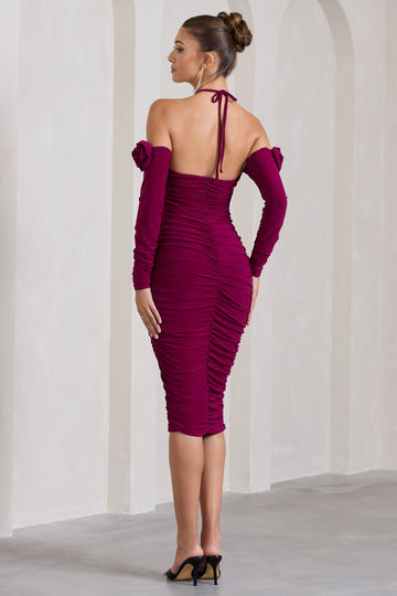 Extra Special Dark Cherry Ruched Halter-Neck Midi Dress With Flowers